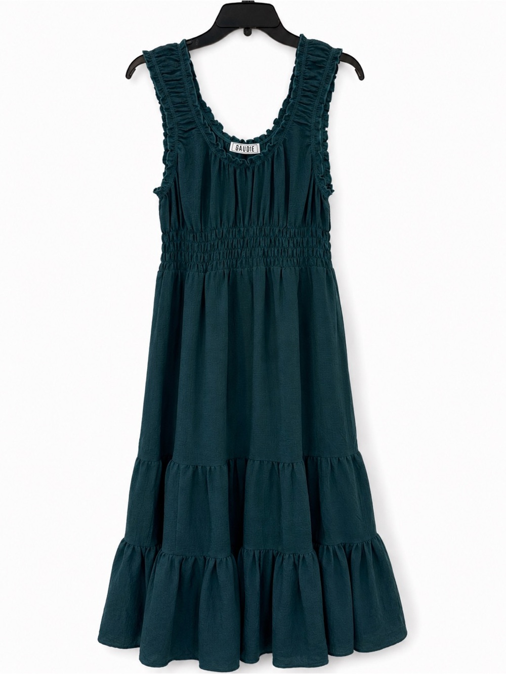 GAUDIE Dark Green Smocked Tiered Maxi Dress Ruffle Sleeveless Large